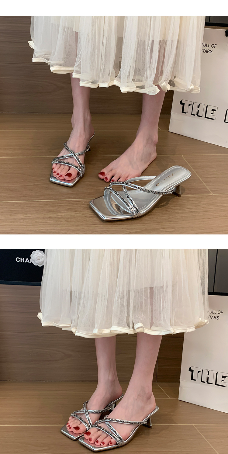 Rhinestone square toe mid-heeled sandals 9