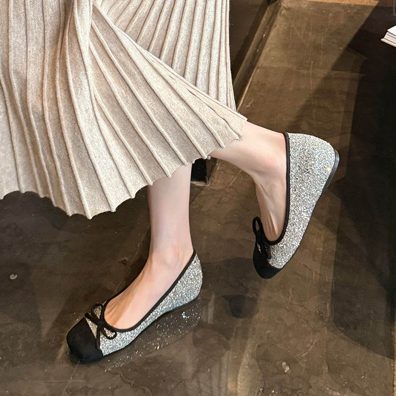 Square toe sequined women's shoes with bow 54 02