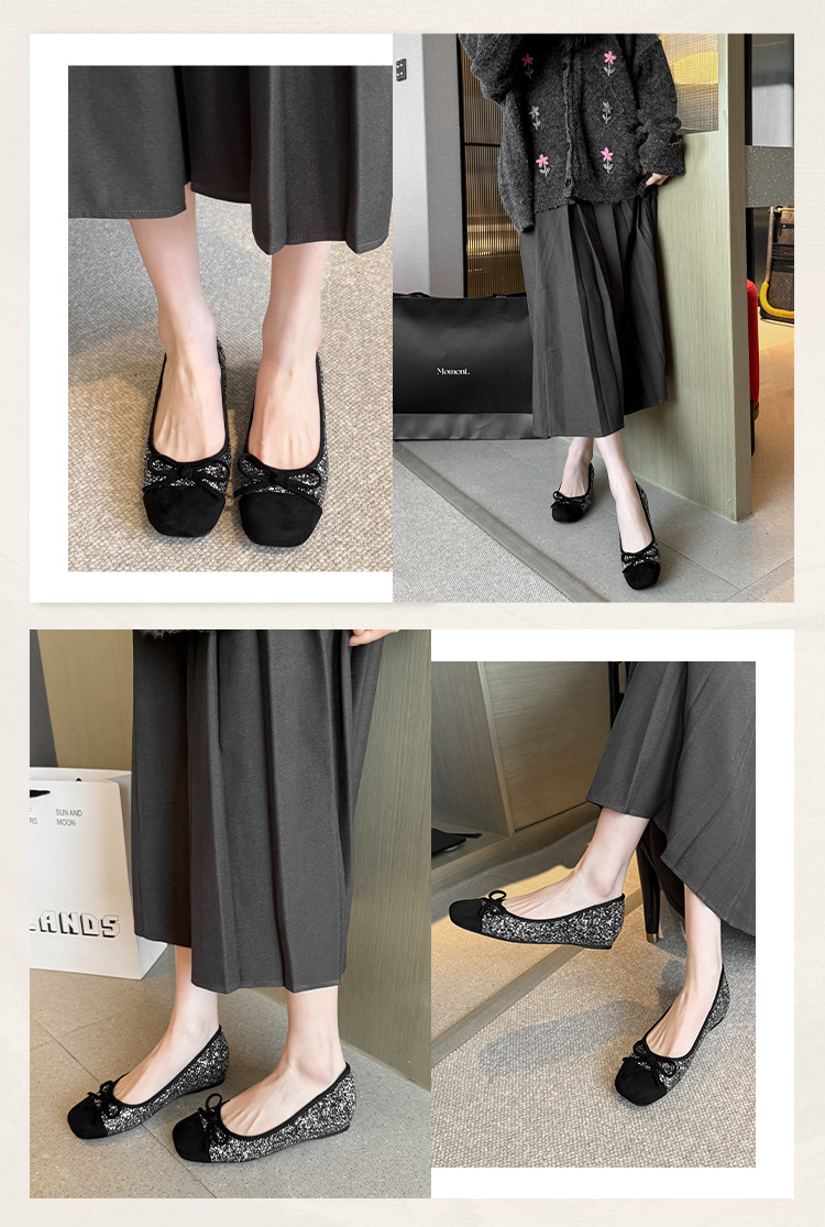 Square toe sequined women's shoes with bow 54